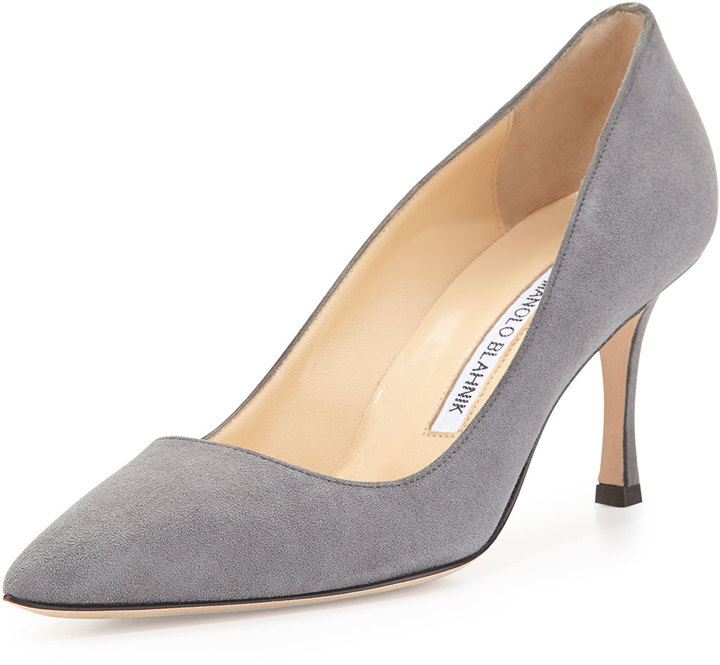 grey suede block heel pumps