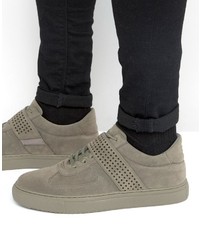 Asos Lace Up Sneakers In Gray Faux Suede With Perforated Strap