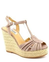 Steve Madden Mammbow Beige Peep Toe Suede Wedge Sandals Shoes