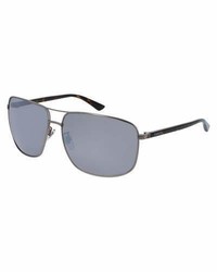 Gucci Rectangular Metal Aviator Sunglasses Gray