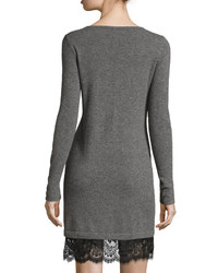 Neiman Marcus Cashmere Boat Neck Lace Hem Sweater Dress Gray