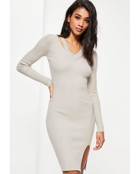 Missguided Grey Cut Out V Neck Ribbed Midi Sweater Dress