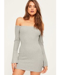 Missguided Grey Flare Sleeve Off Shoulder Mini Sweater Dress