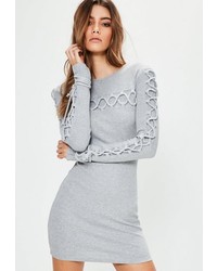 Missguided Grey Lace Up Detail Ribbed Bodycon Sweater Dress