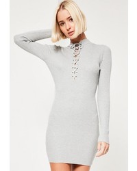 Missguided Grey Lace Up Front Mini Sweater Dress