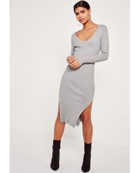 Missguided Grey V Neck Side Split Midi Sweater Dress
