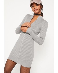 Missguided Grey Zip Up Ribbed Mini Sweater Dress