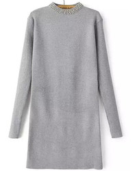 Long Sleeve Beaded Sheath Grey Sweater Dress
