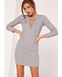 Missguided Lace Up Mini Sweater Dress Grey
