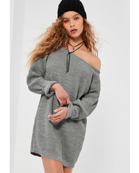 Missguided Off Shoulder Knit Sweater Dress Grey