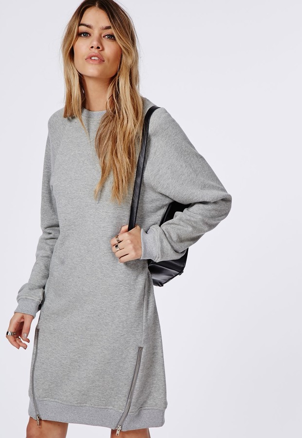 Nieuw Missguided Zip Side Loopback Jersey Oversized Sweater Dress Grey TZ-45