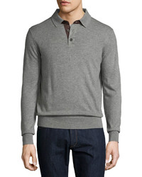 Neiman Marcus Cashmere Long Sleeve Polo Sweater Granite