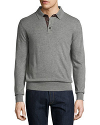 Neiman Marcus Cashmere Long Sleeve Polo Sweater Granite