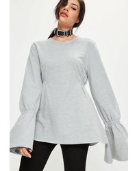 Missguided Grey Gathered Waist Flare Sleeve Sweatshirt