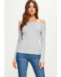 Missguided Grey Ribbed Bardot Sweater