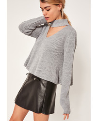 Missguided Choker Neck Chunky Cropped Sweater Grey