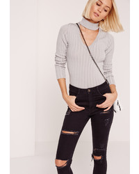 Missguided Choker Skinny Ribbed Sweater Grey