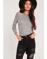 Missguided Cold Shoulder Skinny Rib Sweater Grey Marl