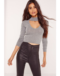 Missguided Cut Out Neck Crop Sweater Grey
