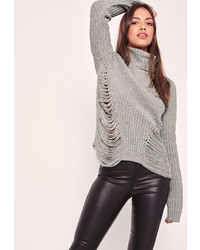 Missguided Turtle Neck Distressed Crop Sweater Grey