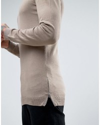 Asos Muscle Fit Longline Sweater With Side Zips In Oatmeal