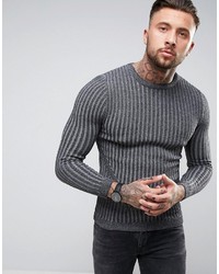 Asos Muscle Fit Ribbed Sweater In Charcoal