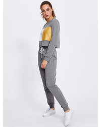 Romwe Color Block Marled Sweatshirt Sweatpants Set
