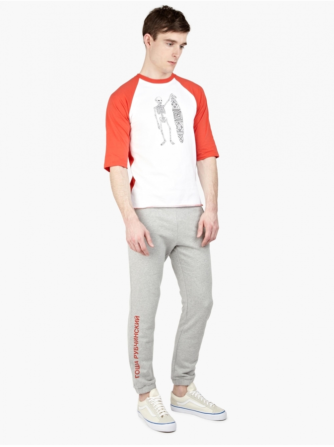 Gosha Rubchinskiy Grey Logo Printed Sweatpants, $137 | oki-ni Lookastic