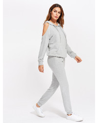 Shein Open Shoulder Heathered Hoodie With Sweatpants Set