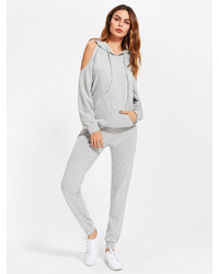 Shein Open Shoulder Heathered Hoodie With Sweatpants Set