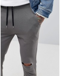Asos Super Skinny Joggers With Knee Rips In Charcoal