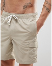 Asos Swim Shorts With Cargo Pocket And Drawcord Detail In Stone Mid Length