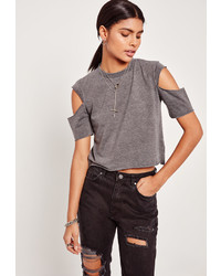 Missguided Grey Open Sleeve Cropped T Shirt
