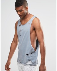 Asos Brand Sleeveless T Shirt With Distressed Acid Wash And Extreme Dropped Armhole In Gray