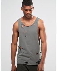 Asos Brand Sleeveless T Shirt With Distressed Acid Wash And Extreme Dropped Armhole In Khaki