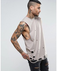 Asos Longline Sleeveless T Shirt With Dropped Armhole And Distressing