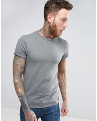 Asos Muscle T Shirt With Roll Sleeve In Gray Marl