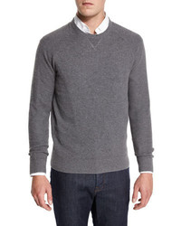 Neiman Marcus Mixed Textured Crewneck Sweater Granite