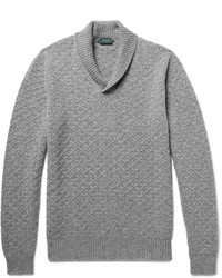 Grey Textured Shawl-Neck Sweater