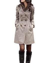 Unique Bargains Lady Gray Button Closure Front Long Sleeve Button Tab Trench Coat M