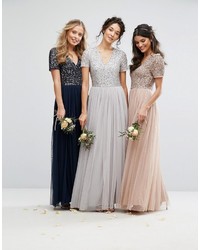 Maya V Neck Tulle Maxi Dress With Tonal Delicate Sequins