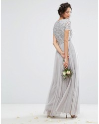 Maya V Neck Tulle Maxi Dress With Tonal Delicate Sequins