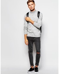 Asos Brand Roll Neck Sweater In Gray Cotton