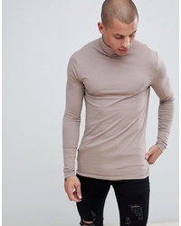 ASOS DESIGN Muscle Fit Long Sleeve T Shirt With Roll Neck In Beige