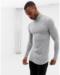 ASOS DESIGN Muscle Fit Longline Long Sleeve T Shirt With Roll Neck And Curved Hem In Brushed Fabric In Grey