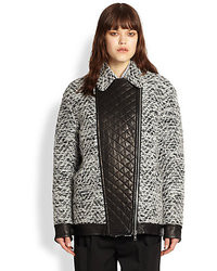 Thakoon Addition Quilted Faux Leather Paneled Herringbone Tweed Coat