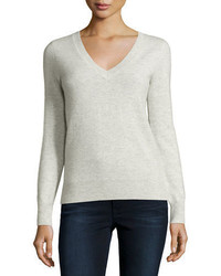 Neiman Marcus Cashmere Collection Long Sleeve V Neck Cashmere Top