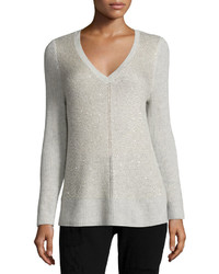 Neiman Marcus Cashmere Collection Sequin Ribbed Stitch V Neck Sweater