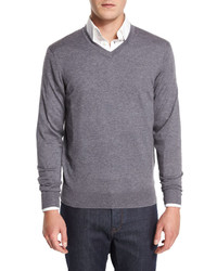 Neiman Marcus Cashmere Silk V Neck Sweater Derby Gray