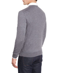 Neiman Marcus Cashmere Silk V Neck Sweater Derby Gray